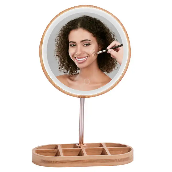 Bamboo Wood LED Cosmeticstorage Function Mirror