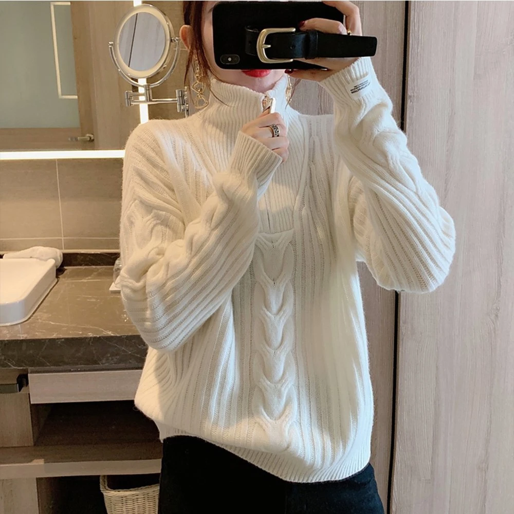 2021 Winter New Women Zipper Top Korean Style Loose Temperament Fashion High Neck Sweater