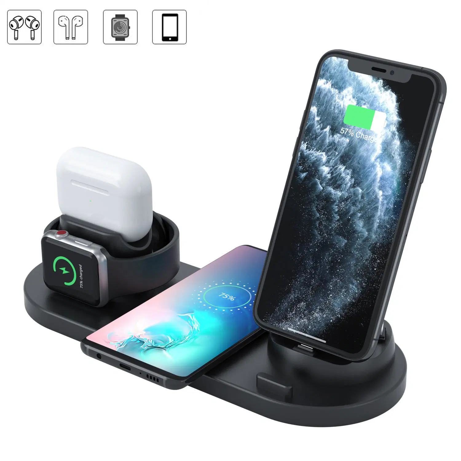 6in1 Charging Dock Station Qi Wireless Charger for Apple iPhone/Airpods/Watch/Android/Type-C