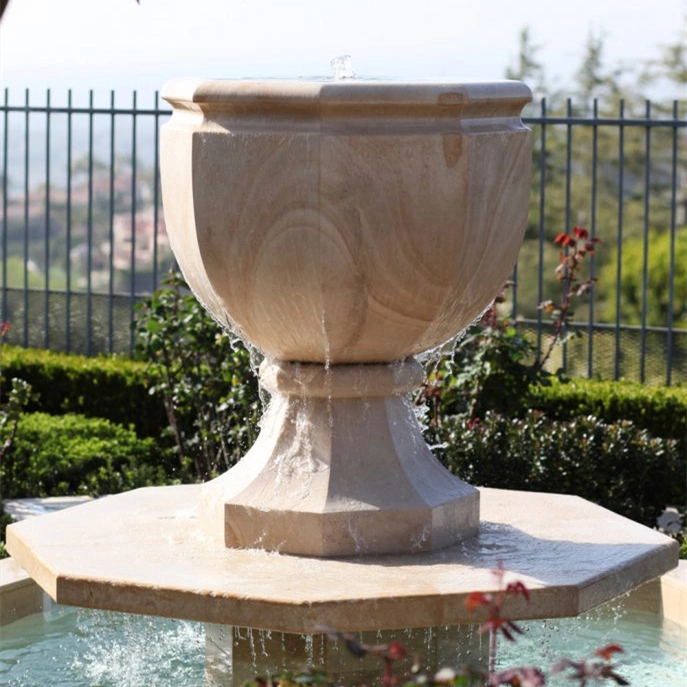 Beige Marble Honed Round Custom Made Classic Garden Ornament Planter with Square Base