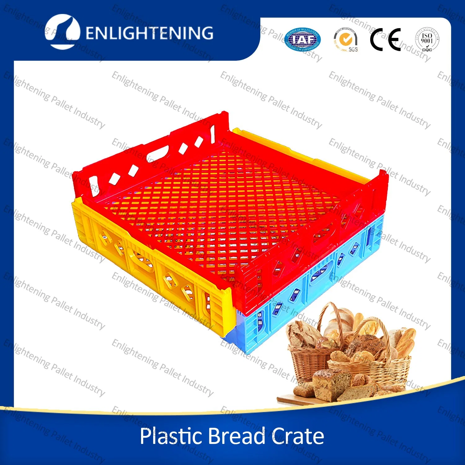 725X650X150mm Heavy Duty Food Grade Hygenic Mesh Vented Large Big Grey Blue Bakery PP Stackable Plastic Bread Crates for Transporting Bread and Pastry Sale