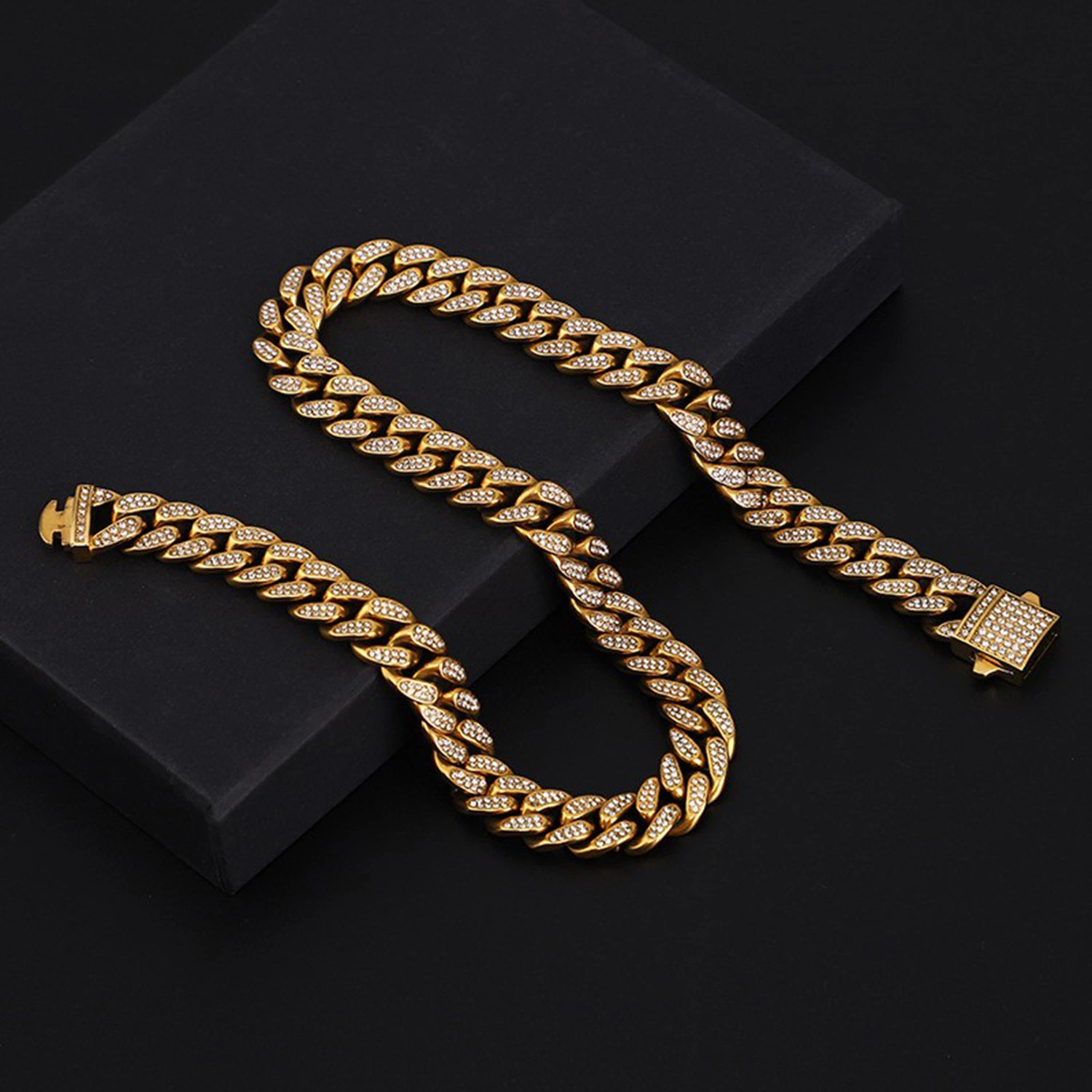 New Popular Stainless Steel Full Diamond Cuban Chain Bracelet Necklace Men's Fashion Trend Student Accessories Bl2221
