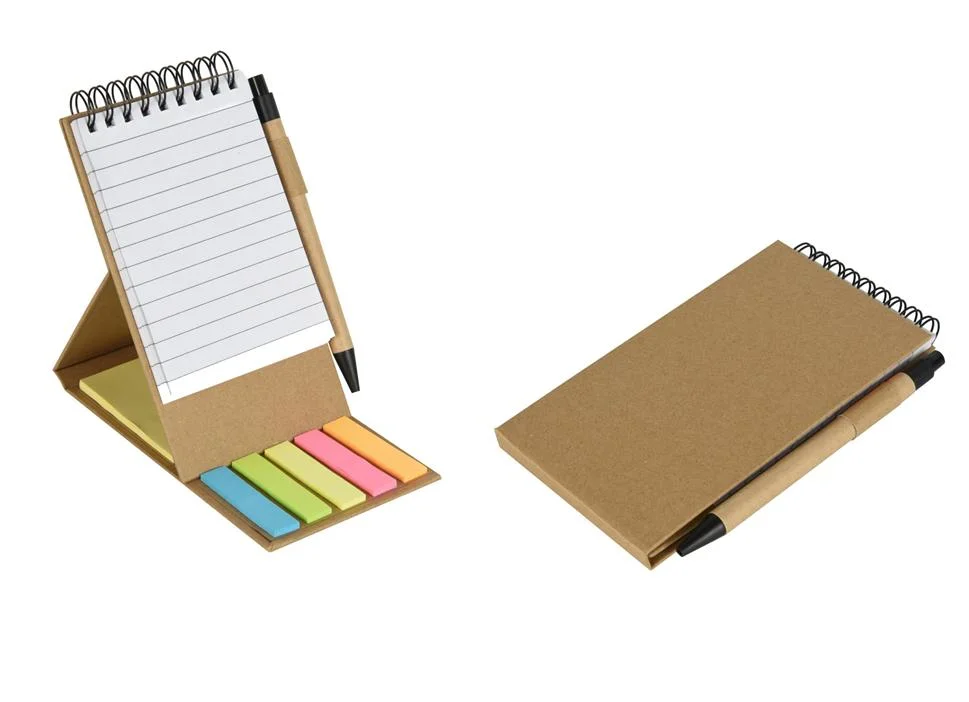 Papel personalizado para papelaria de escolas de atacado vazio Memo Spiral Eco para notebook Bloco de notas aderentes com caneta