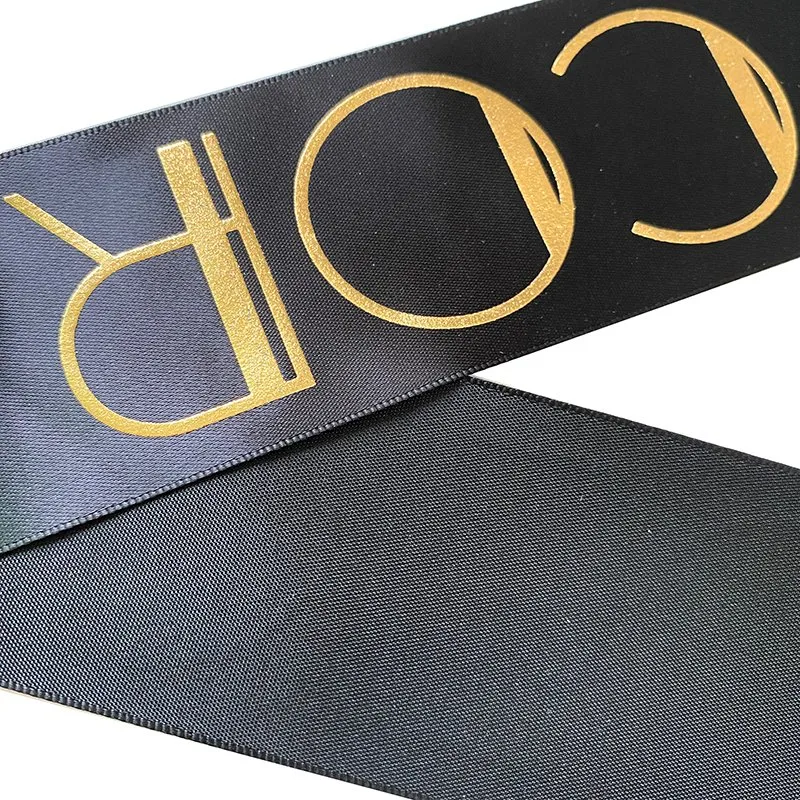 Hot Sale Luxury Custom Logo 2 Inch 3 D Embossed Grosgrain Ribbon Tape Raised Gold Foil Printed Polyester Satin Ribbon