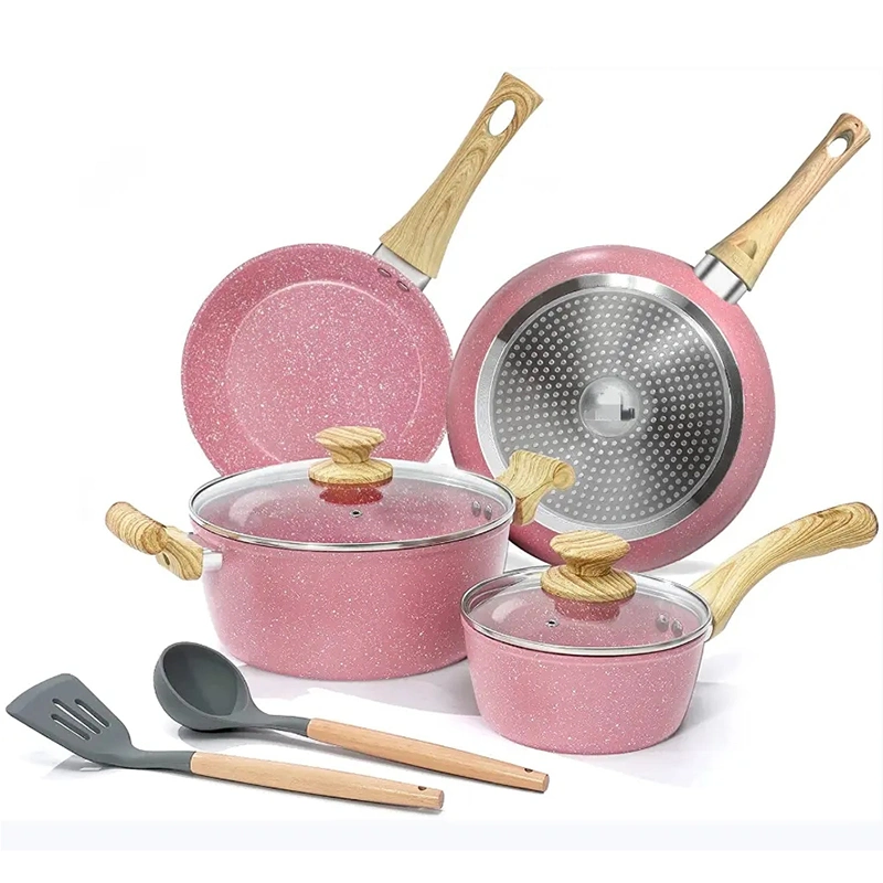 Kitchen Nonstick Chef Cooking Pots and Pans with Glass Lid Aluminum Cookware Set Induction Bottom Pink