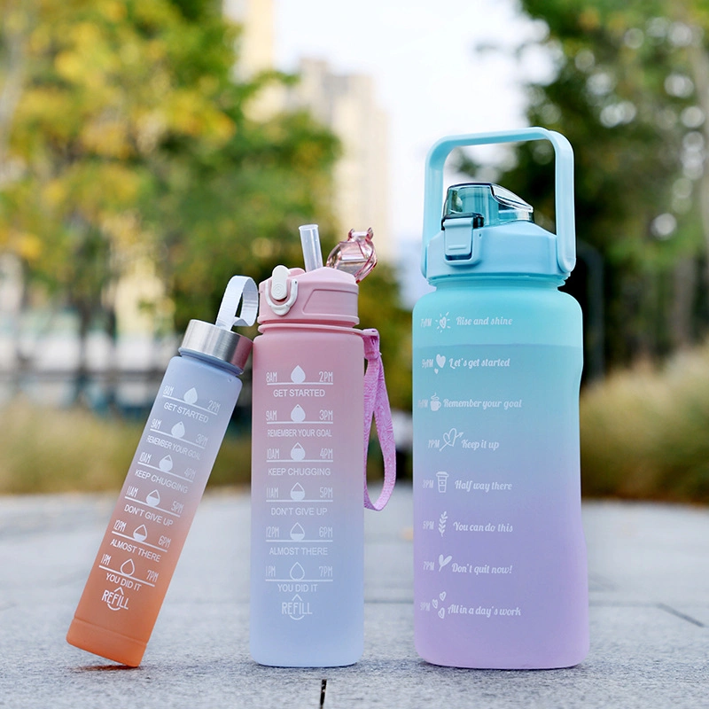 Gradient Color Motivational Plastic Sport Fitness Water Bottle Set with Time Maker