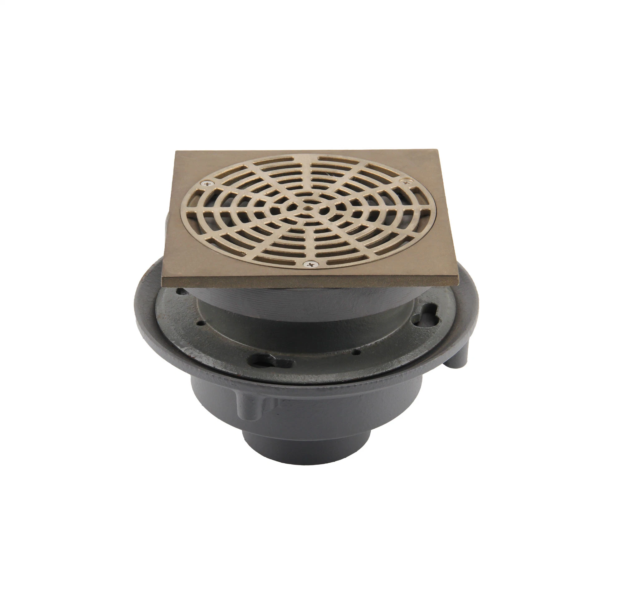 No-Hub Adjustable Flashing Drain with Round or Square Nickel-Bronze Ring and Strainer