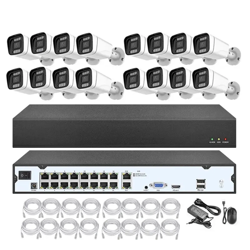 Full System 16 Channel Bullet Camera 8MP 4K Poe NVR 16CH CCTV Set