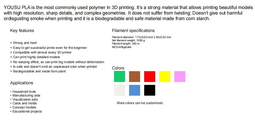 Supreme Quality & Toughness 3D Printer PLA Filament Normally Used Safe & Sustainable Easy-to-Print 3D Printing Material Copper PLA Dia. 1.75mm 2.85mm 1kg