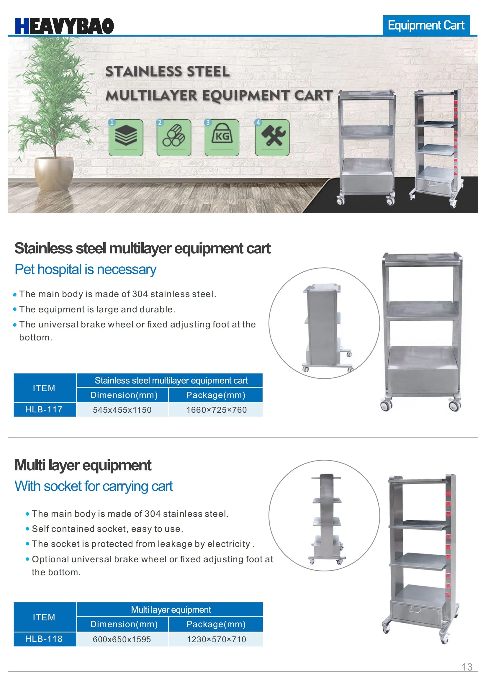 Heavybao Multi-Layer Equipment Load-Bearing Cart Pet Hospital Clinic Trolley Medical Dental Cart with Socket