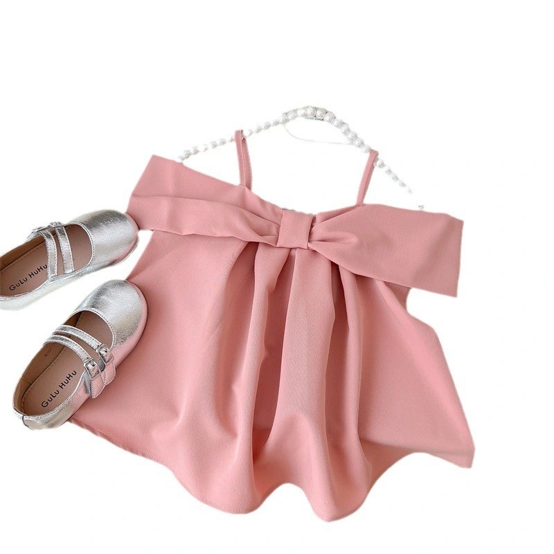 Cute Girls Tops with Pink Bow Baby Vest Solid Color Sleeveless Tops