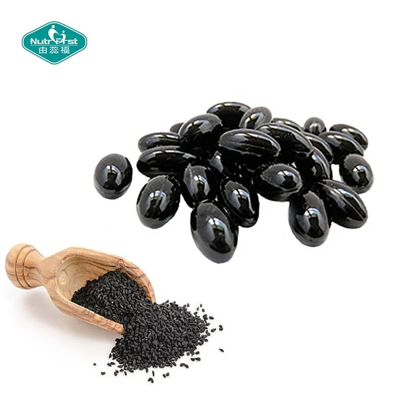 Etiqueta personalizada Fuente prensada en frío Nigella Sativa Softgel Negro semilla Cápsulas de aceite para el crecimiento del cabello Salud de la piel