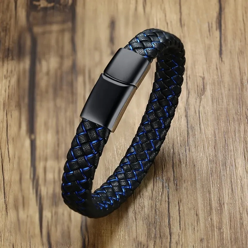 Nuevo Trend Simple Men's Business Blue Leather Bracelet Pulsera de Cuero de Acero Inoxidable Grabable para Parejas