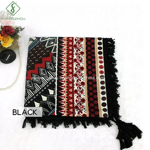 Lady Fashion Square Scarf Printed with Tassels Twill Cotton Shawl