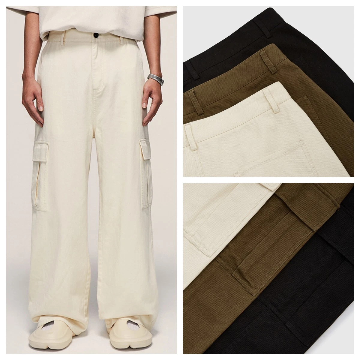 Luxury Quality 100% Cotton Solid Color Workwear Loose Wide Leg Pants Straight Leg Retro Casual Trousers