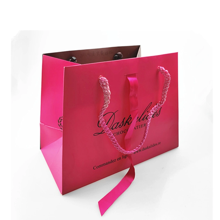 Lovely Ribbons Handle Pink Coffee Cmyk Printing Logo Rope Jewelry Paper Bag