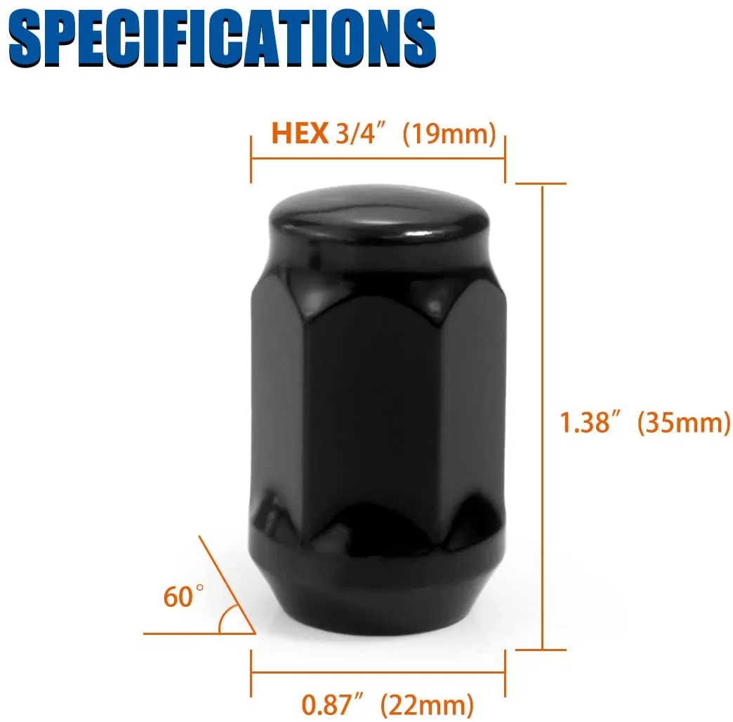 Black Bulge Acorn 3/4" 19mm Hex 1.38" Tall M14X1.5 Lug Nuts