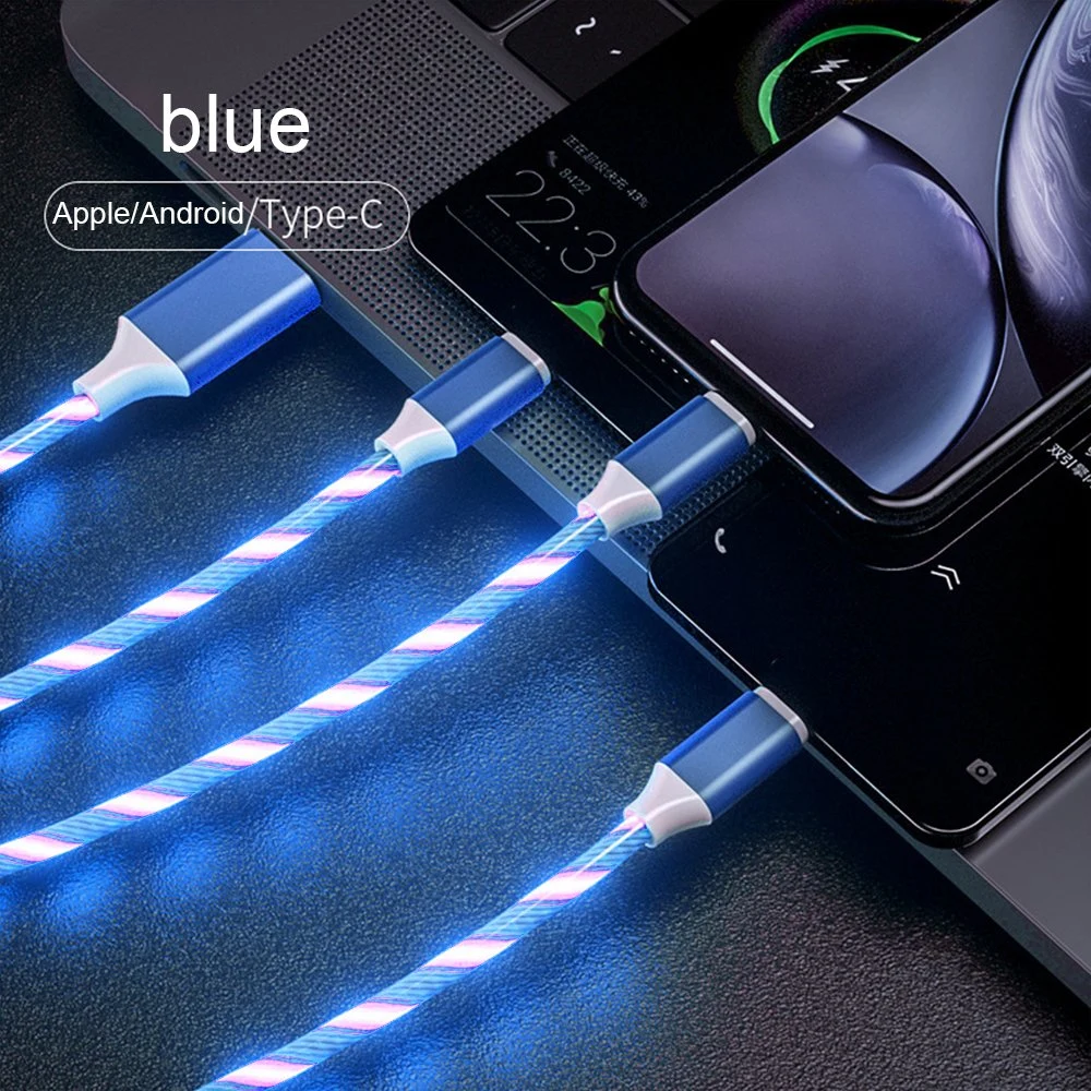 3 in 1 LED Glow Flowing Charger Cable Luminous Lighting Fast Charging USB Data Cable