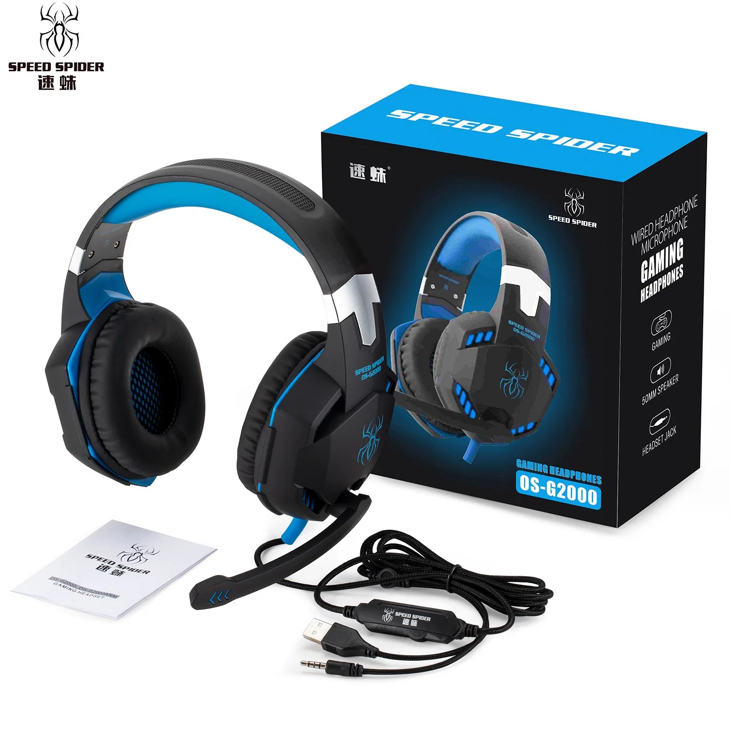 50mm Headband Computer Wired Gaming Headphone Headset Earphone with Mic LED Light