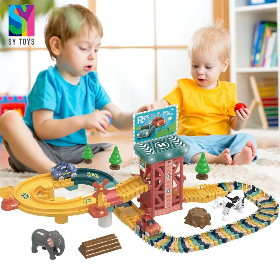 SY Children Educational DIY Assembly Rail Cartoon Car slot Toys Pista de brincar com música elétrica