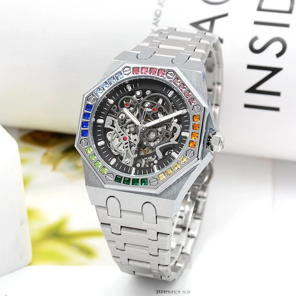 Fashion Gift Zinc Alloy with Rainbow Stone Lady Wrist Metal Automatic Watch