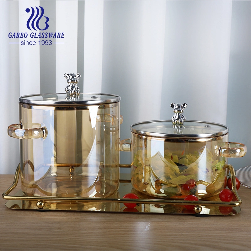 1.7L 2.65L Big Capacity Custom Noodle Container Heat Resistant Gold Glass Tureen with Lid and Ear