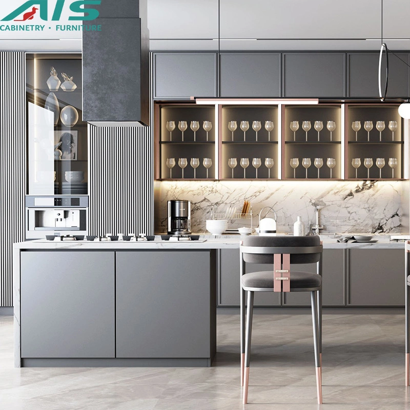 AIS European Modern Design Style Custom Minimalistic Furniture Set Grey PVC Kitchen Cupboards Cabinets and Glass Showcase
