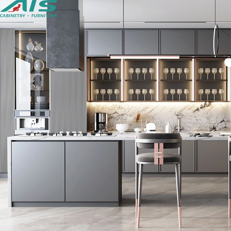 AIS personalizado de estilo europeo moderno diseño minimalista juego de muebles de cocina de PVC gris ARMARIOS Armarios y vitrina de cristal