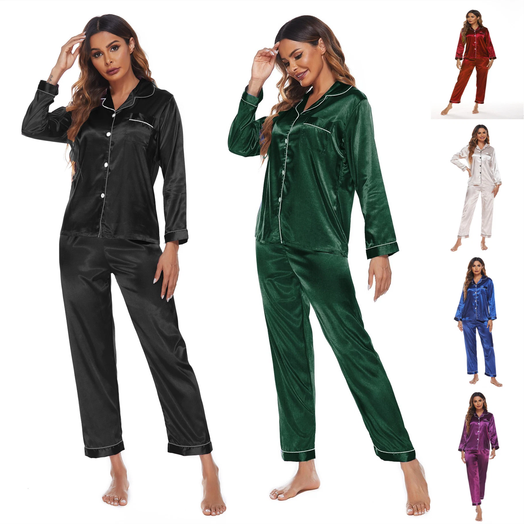 Custom Silk Pajama Solid Color Family Satin Long Sleeve Women Pajama Set
