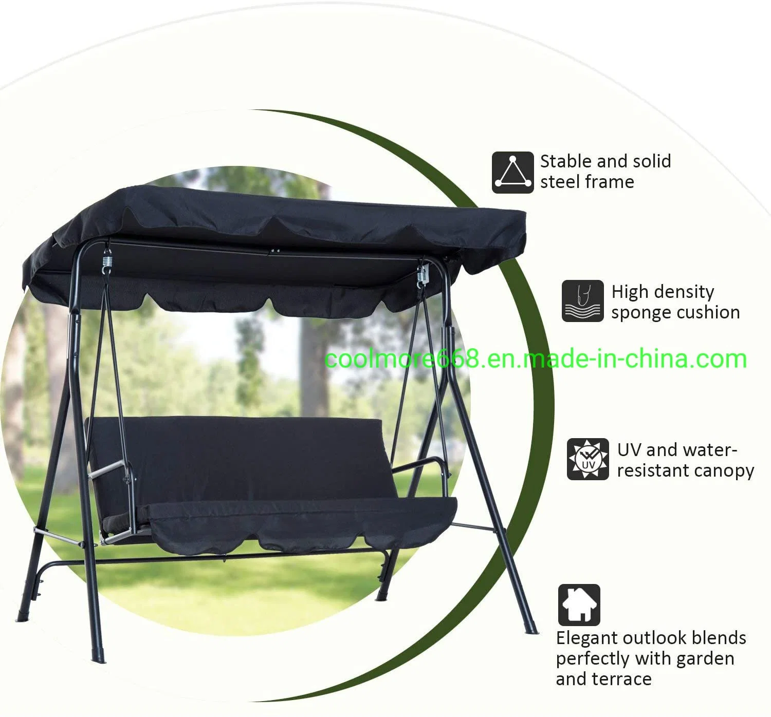 Swing Chair 3 Seater with Canopy, Garden Swing Cushioned Seat, Made with Strong Powder Coated Steel Frame - Black