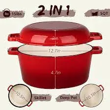 2 in 1 Multiple Use Cast Iron Cooker Pre-Seasoned Cast Iron Double Use Dutch Oven Set