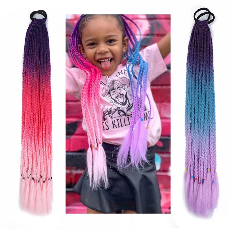 Rainbow Kids Elastic Band Braid Ponytail 24 Inches Synthetic Ombre Colored Jumbo Braid Ponytail Hair Extension