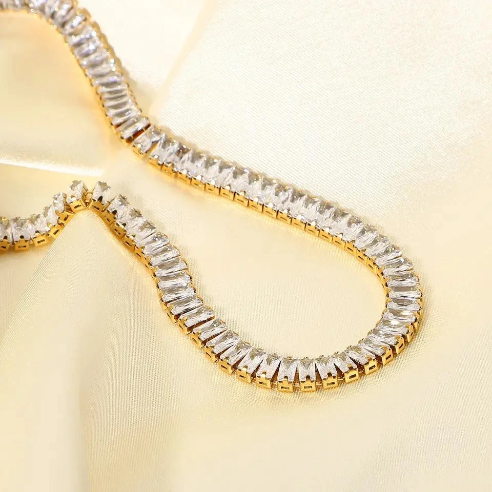 6 mm Wide 18K Gold Plated Stainless Steel Rectangle Zircon Chain Diamond Necklace Jewelry