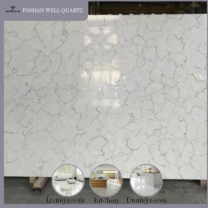 White Artificial Quartz Stone Natural Grey Veins Calacatta Slab Countertop Quartz Stone Top Dining Tables