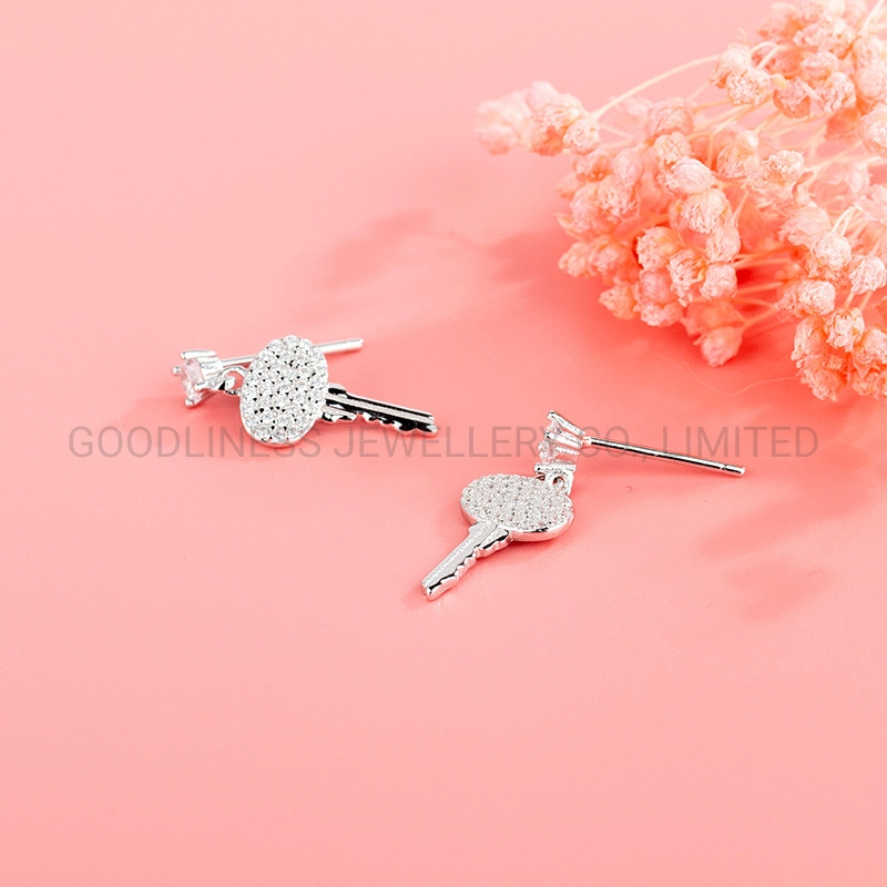 New S925 Sterling Silver Key Full Diamond Earrings