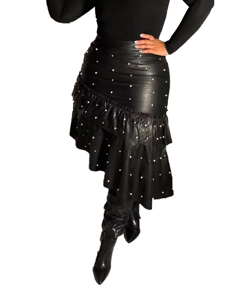 L990058 Women PU Leather Beaded Ruffle Asymmetric Hem Knee Length Black Skirt