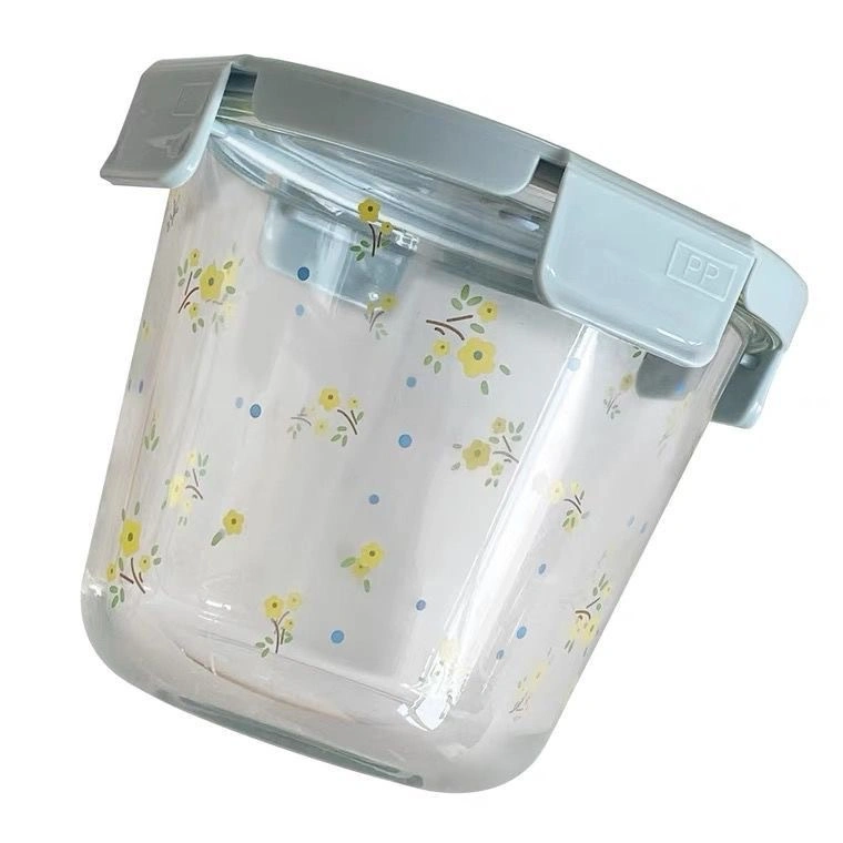 700ml Boîte de conservation Boîte à lunch micro-ondable Bol à soupe en verre résistant aux hautes températures Boîte à bento mignonne portable scellée avec de jolis motifs floraux pour la maison.