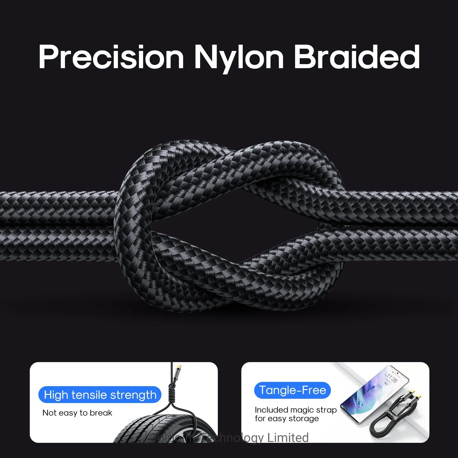 Joyroom 1.2m Quick Charge 3.0 USB-a to Type-C Nylon Braided Charge Cord 3A Fast Charging 480Mbps Data Transmission Cable - Black