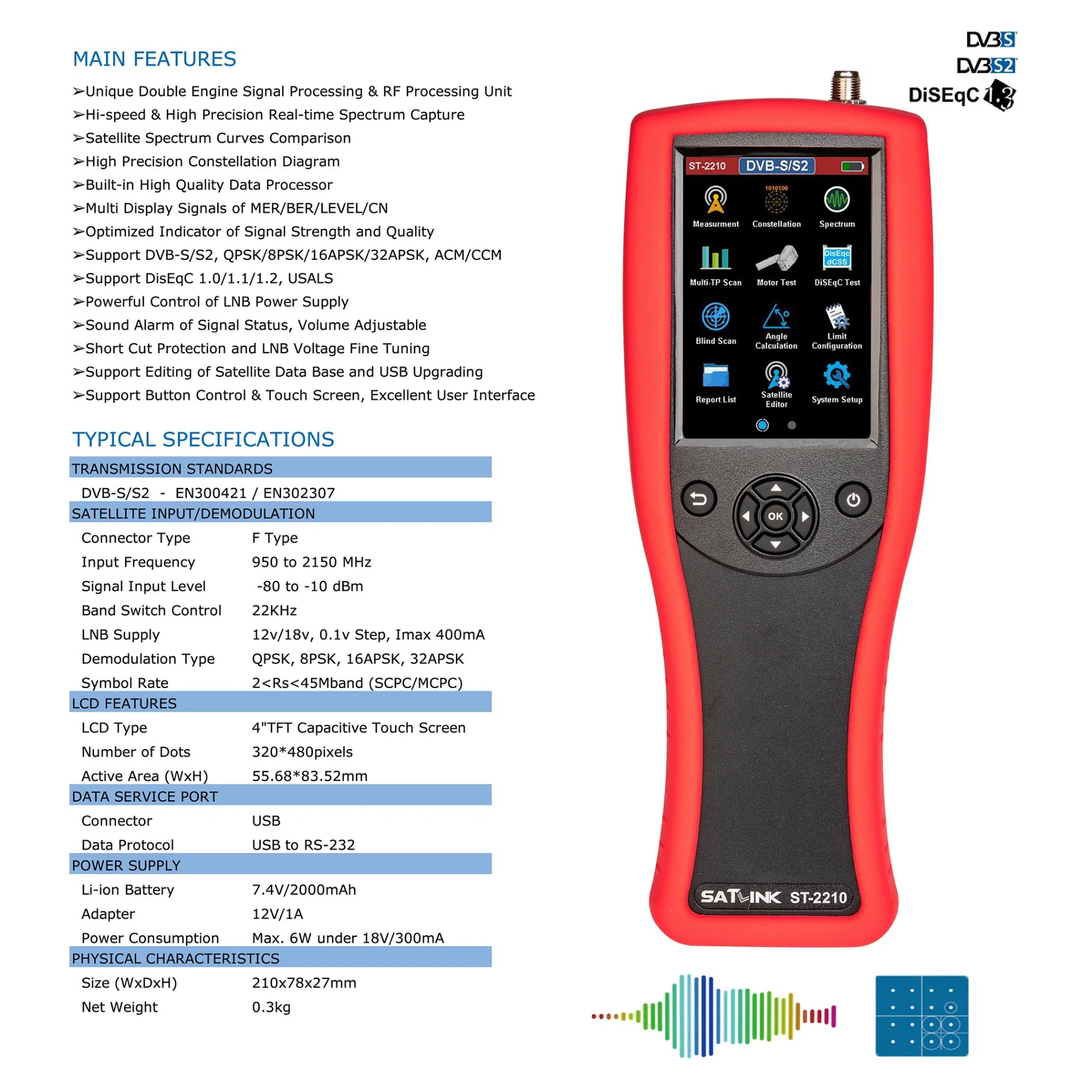 St-2210 DVB-S2/ спектра имеет непроницаемую обратную TFT полностью DVB--SS2 совместимое программное обеспечение и обновления базы данных на ПК