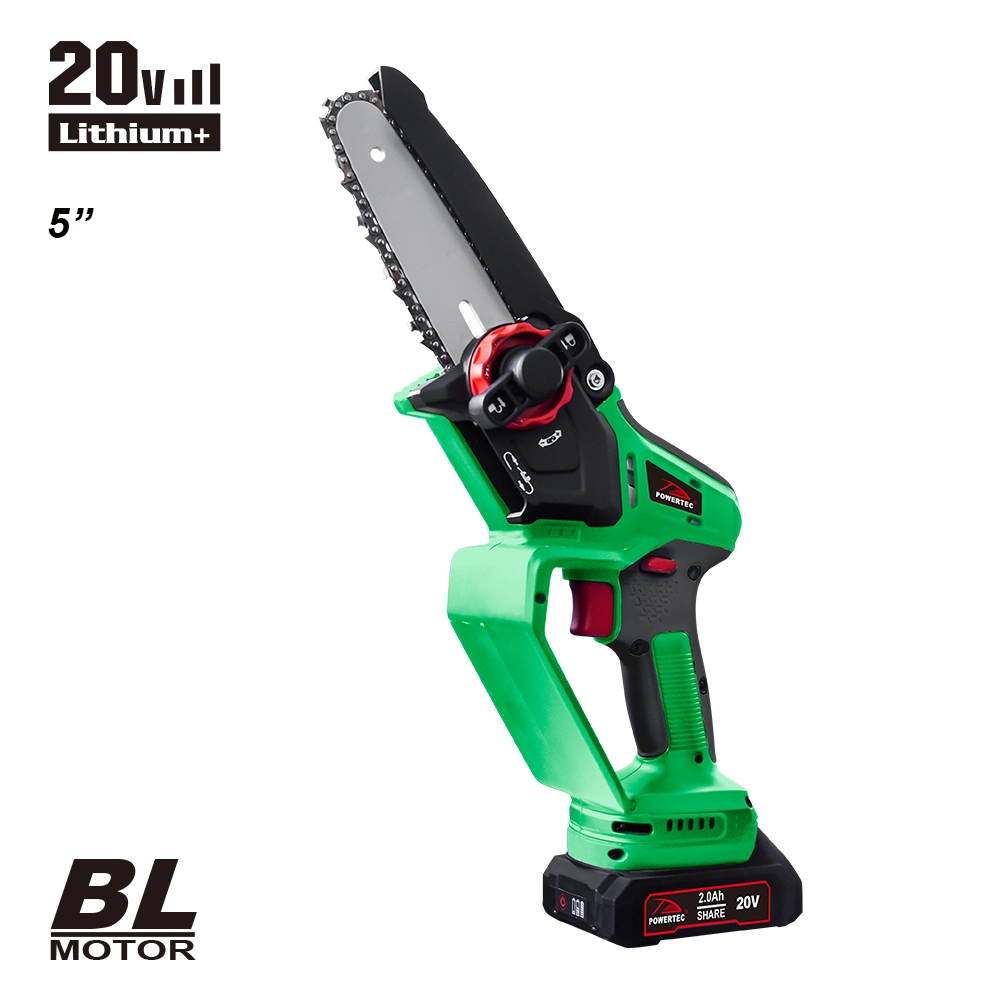 Sin escobillas Powertec Li-ion única mano Cordless sierra de cadena de 125 mm con barra