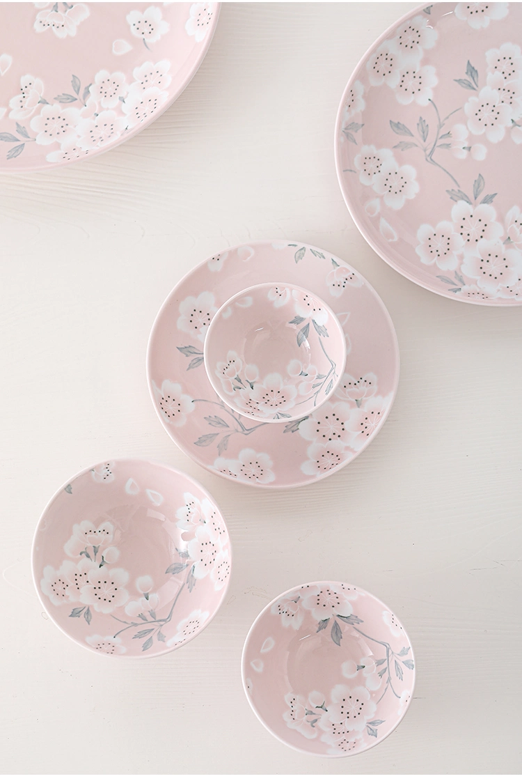 Porcelain Spring Season Pink Sakura Flower Stamp Printing Free Collocation Plate Bowl Dinnerware Sets