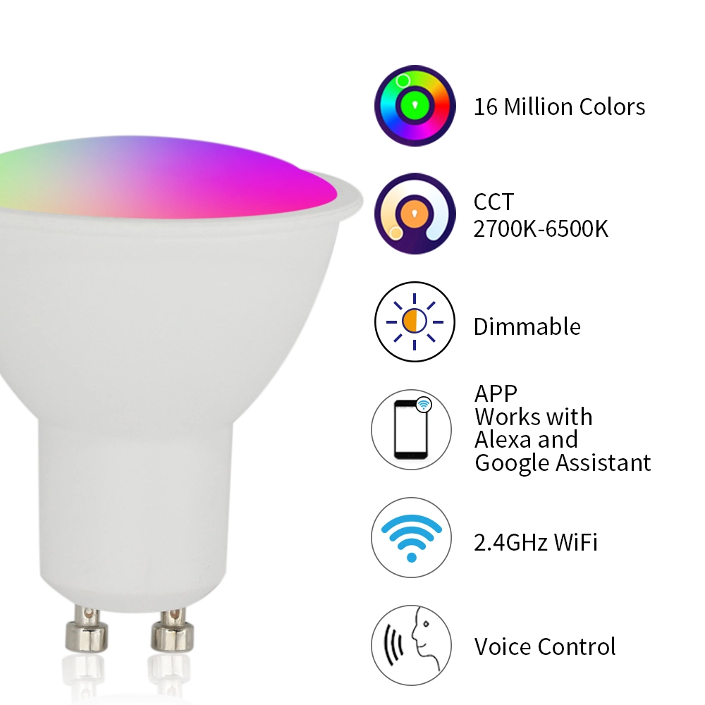 Tuya WiFi Smart Spotlight GU10 5W Rgbcw Dimming and Color Matching Support Alexa Speaker Control