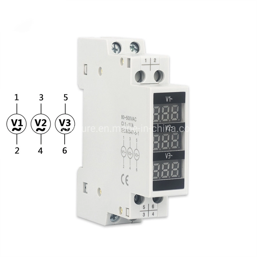 DIN Rail Mount Three Phase Voltage Meter AC 80-500V Mini Modular Voltmeter Gauge Indicator LED Digital Display