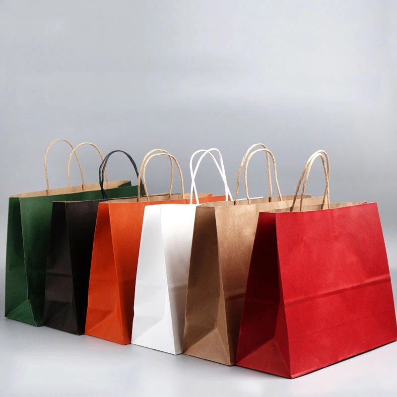 Food Grade Kraft Paper Bags with Handle, White Paper Bag with Printed