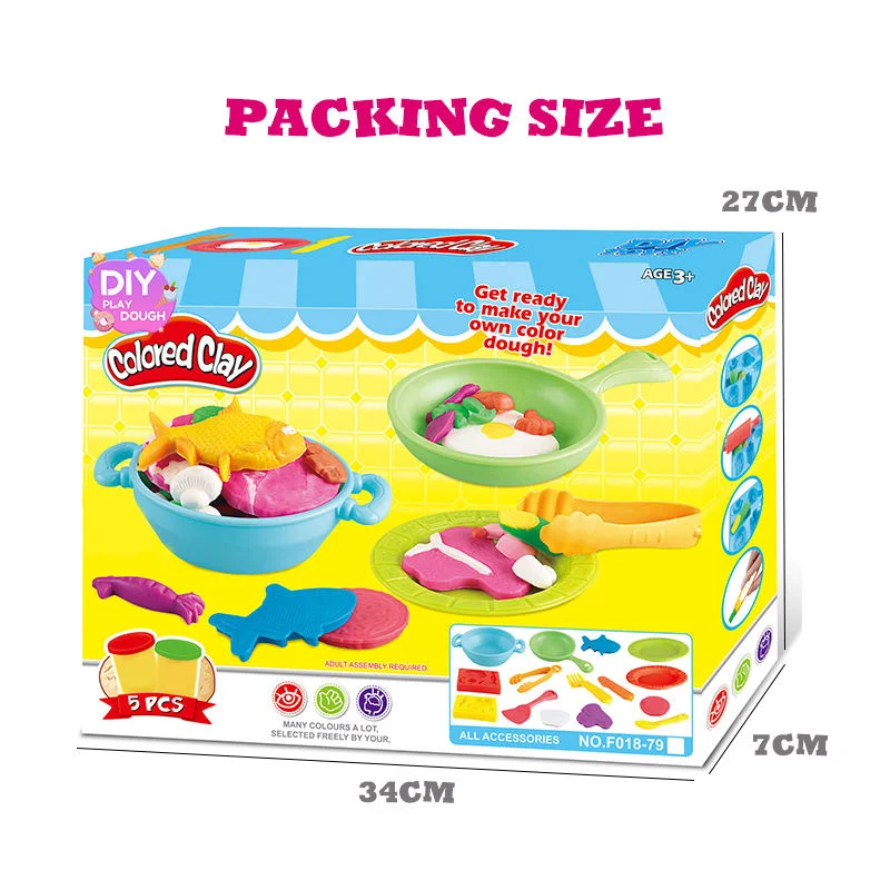 Kids Pretend Kitchen Seafood Dough Kit Realistic Frying Pan Cooking Pot Kitchenware Tableware Play Set Clay Toy for OEM ODM