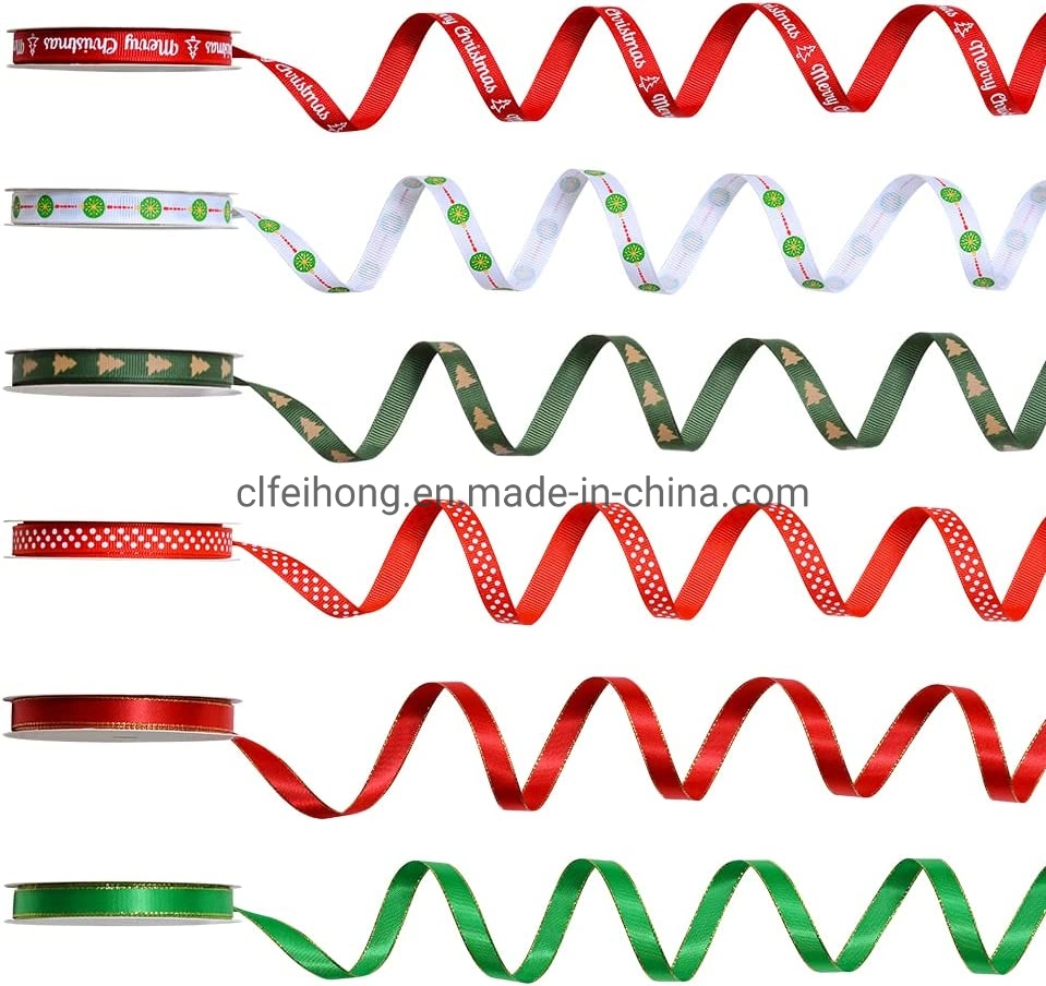 Factory Wholesale/Supplier Satin Ribbon Printed for Christmas Decoration Gift Box Packing Wrapping Red Green Color
