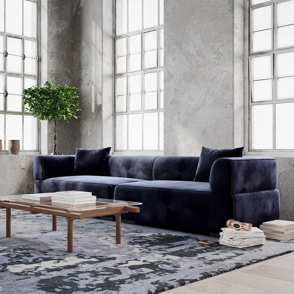 110" minimalistisches Deep Seat Sofa mit Rollarm, Wildleder Stoff, dunkelblaue Farbe Wohnzimmer Couch