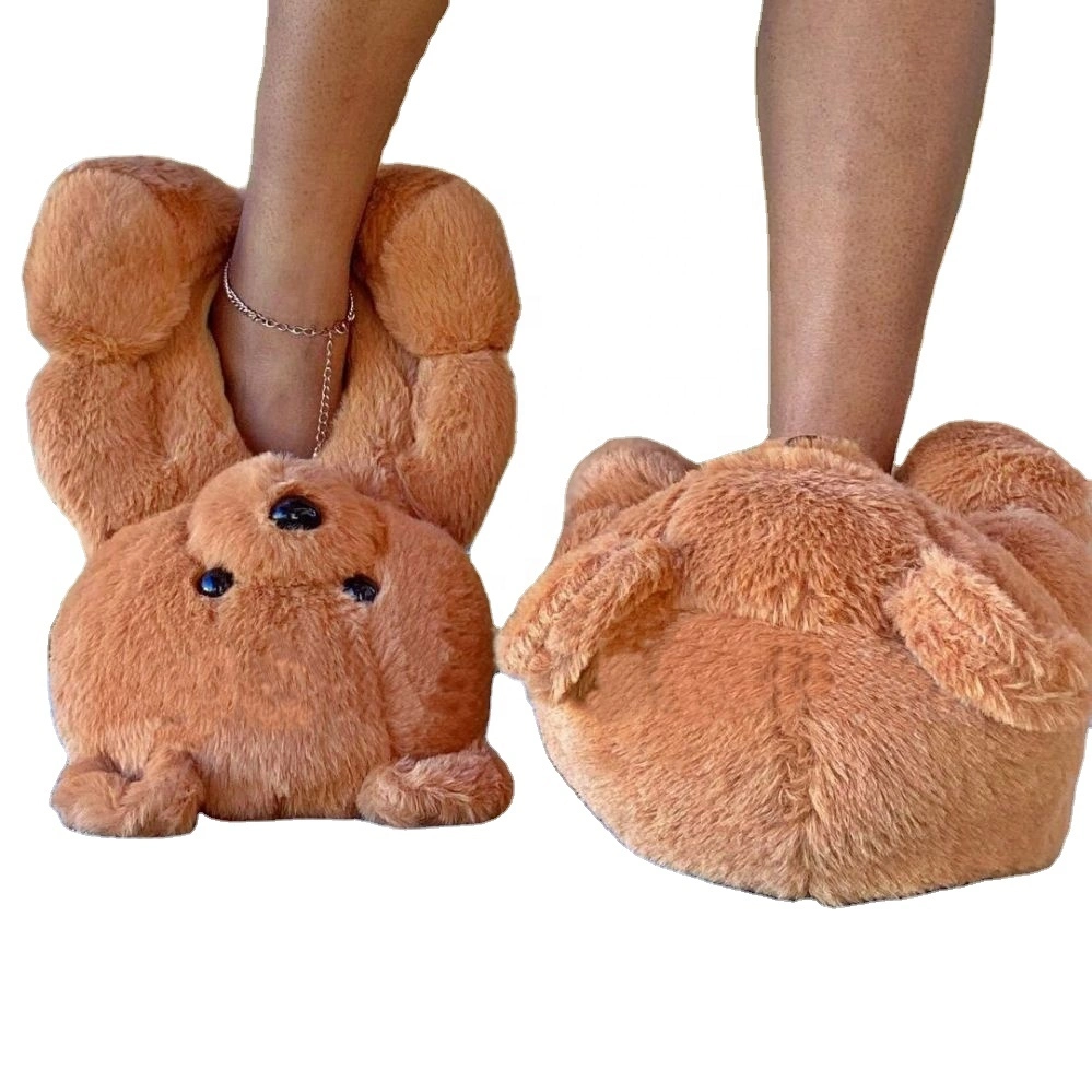 Teddy Bear Women Plush Fur Slippers Cartoon House Shoes Indoor Flip Flops Winter Warm Furry Slides Footwear