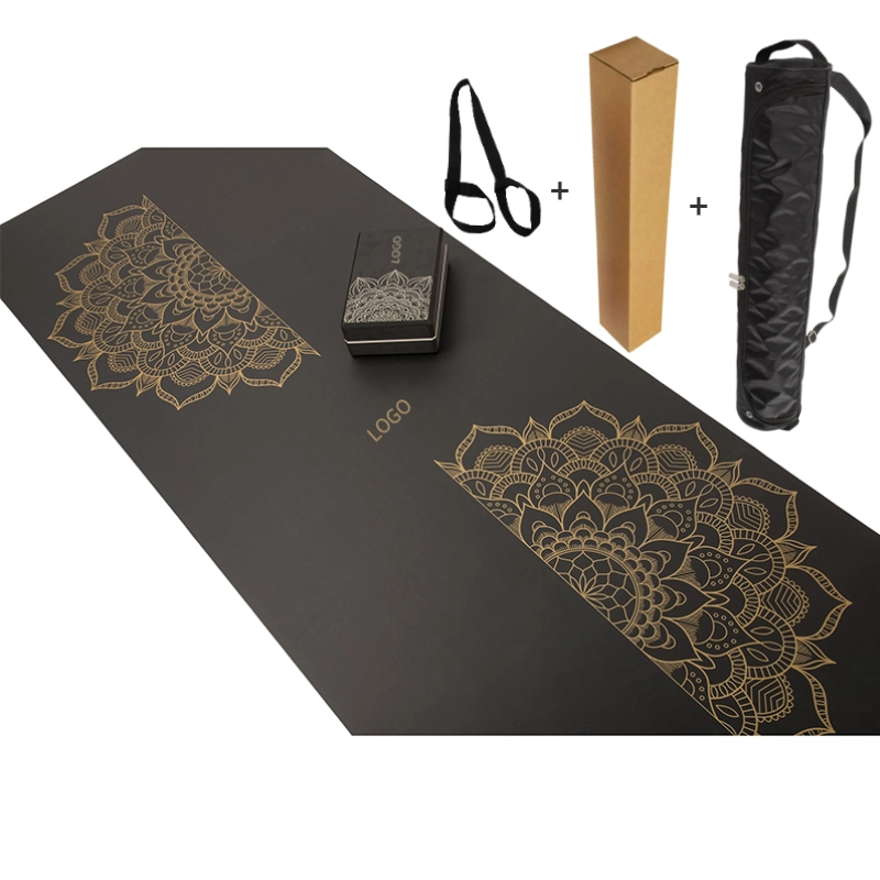 Wholesale High Quality Eco Friendly Natural Tree Rubber Base Black Gold Stamp Print PU Alignment Yoga Mat