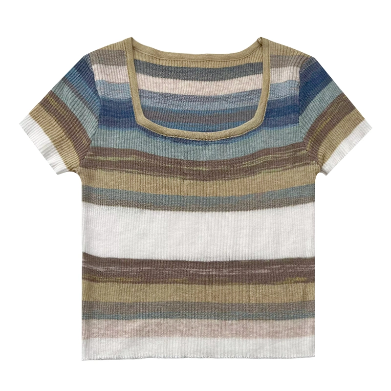 Woven Multiple Color Stripes High quality/High cost performance  Summer Lady T Shirt Top Outfits